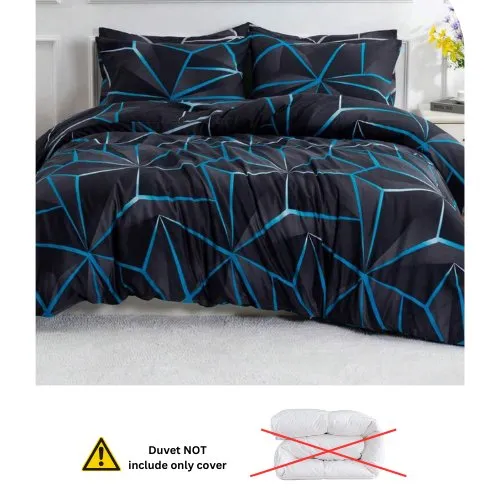 Single Size 4 pieces, Black with Blue Geometric Design Duvet cover set.