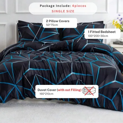 Single Size 4 pieces, Black with Blue Geometric Design Duvet cover set.