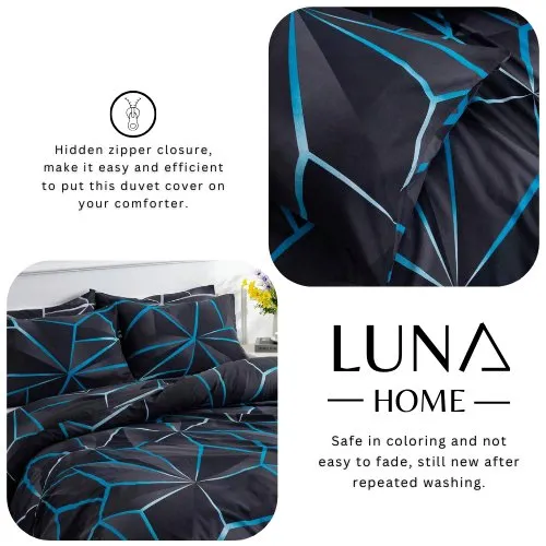 Single Size 4 pieces, Black with Blue Geometric Design Duvet cover set.