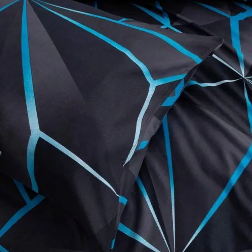 Single Size 4 pieces, Black with Blue Geometric Design Duvet cover set.