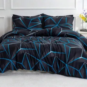 Single Size 4 pieces, Black with Blue Geometric Design Duvet cover set.