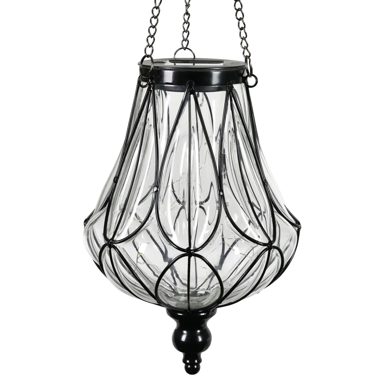 Solar Clear Glass Hanging Lantern with Looping Metal Pattern, 8 by 24 Inches