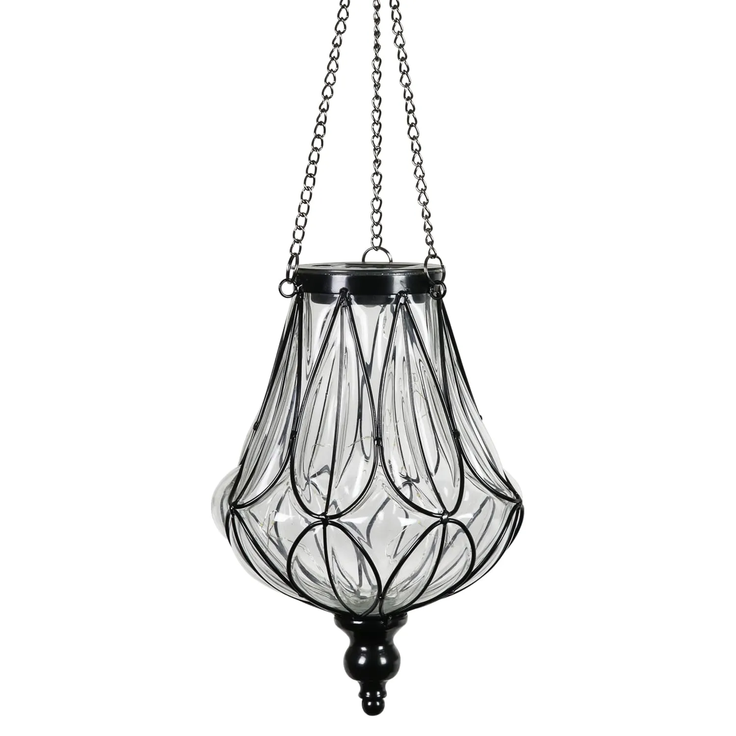 Solar Clear Glass Hanging Lantern with Looping Metal Pattern, 8 by 24 Inches