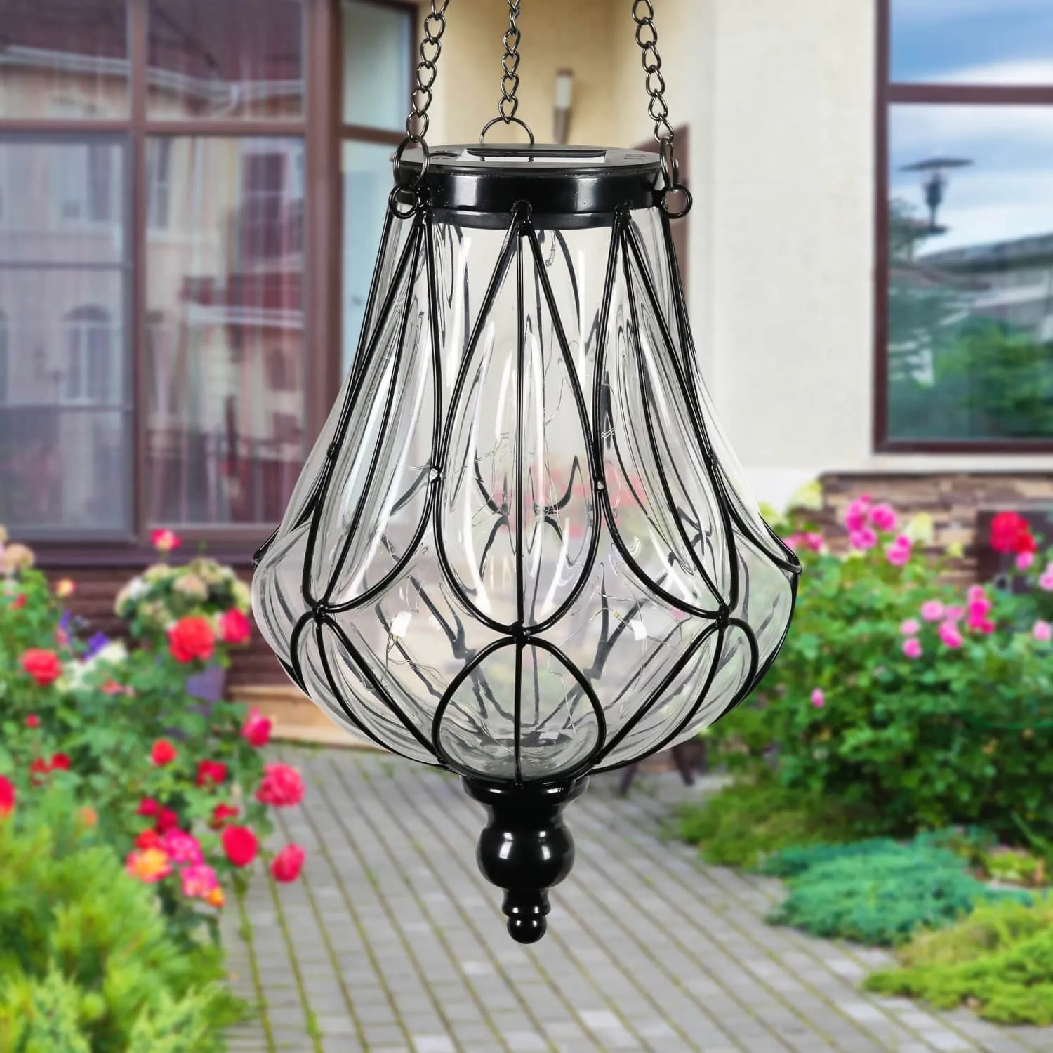 Solar Clear Glass Hanging Lantern with Looping Metal Pattern, 8 by 24 Inches