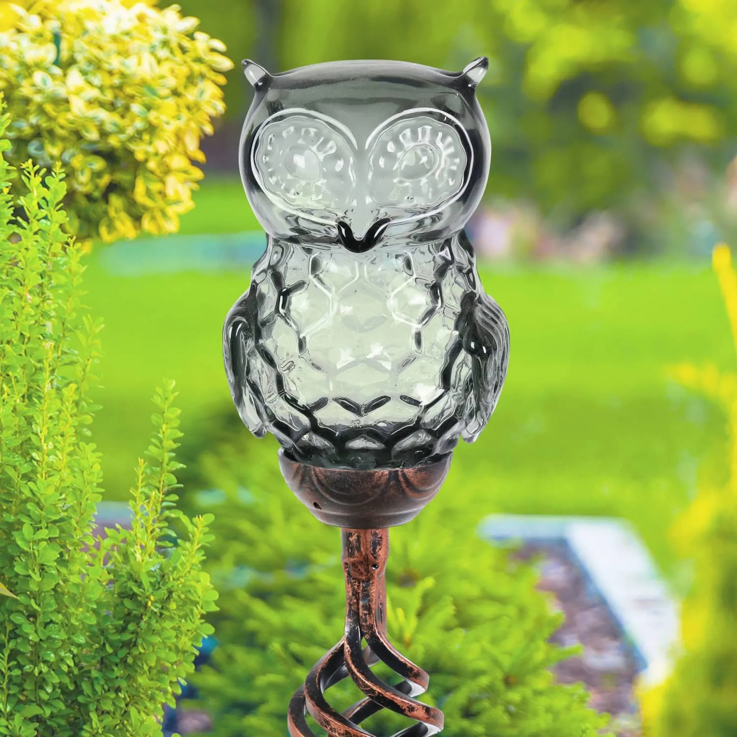 Solar Honeycomb Glass Owl Garden Stake in Grey, 32 Inch