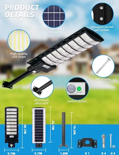 Solar Street Light 1000W - 6500K LED Solar Power Street Lights with Panel 99000LM Dusk to Dawn Outdoor Flood Lighting Waterproof IP65 Exterior Motion Sensor Security Pole Lamp for Yard Garden-6Pack