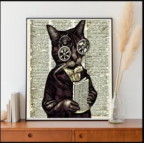 Steampunk Cat   - steampunk dictionery  print ,Digital Art File, Edgy Wall Decor, AI Generated Art -