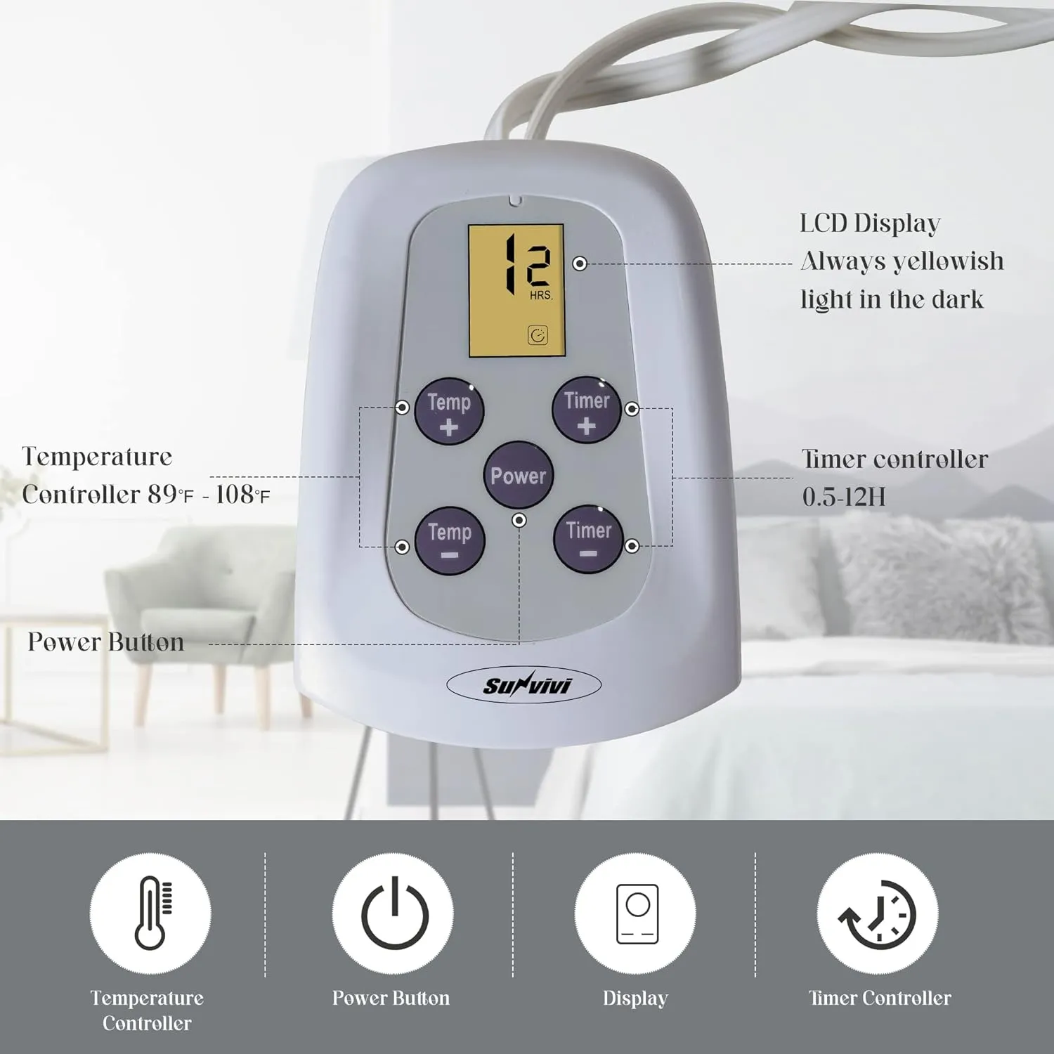 Sunvivi Heated Electric Blanket King Size with Dual Control, 5 Years Warranty, 10 Heat Settings, 12 Hours Auto Off, Machine Washable, ETL Certified, Overheating Protection, Grey