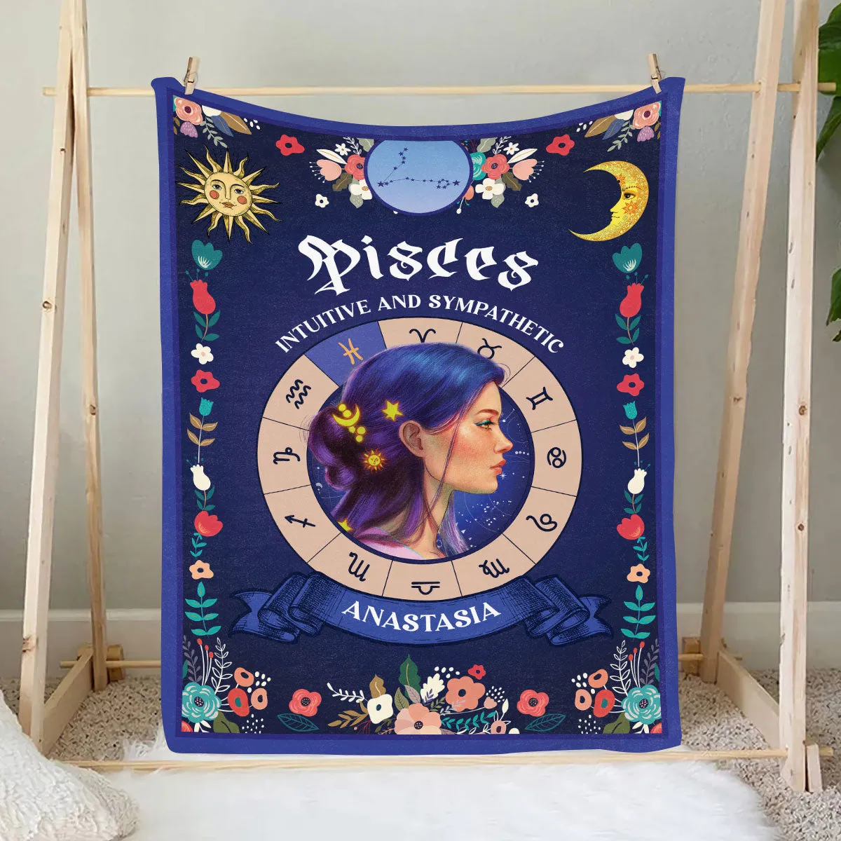 Teesdily | Pisces Zodiac Sign Characteristics Customized Blanket Intuitive And Sympathetic Sherpa Fleece Horoscope Design Astrology Gift Birthday