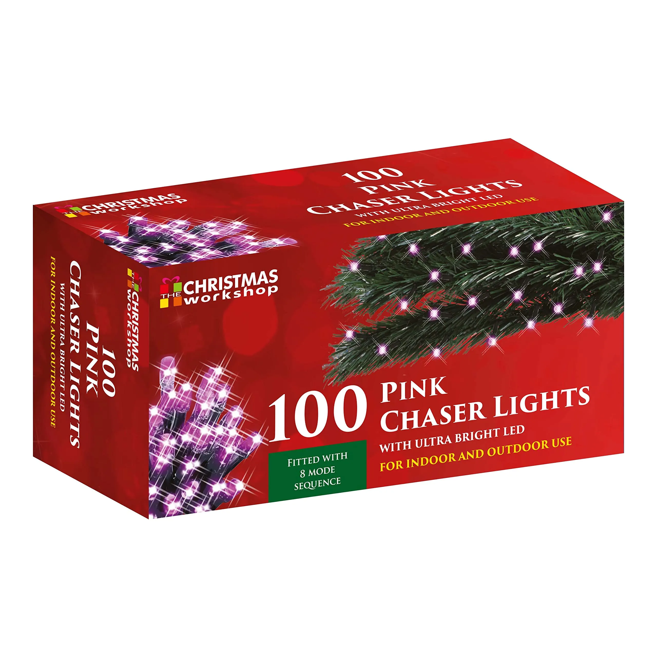 The Christmas Workshop 75030 100 Pink LED Chaser Christmas Lights / Indoor or Outdoor Fairy Lights / 6.9 Metres / 8 Light Modes / Great For Christmas, Weddings & Gardens