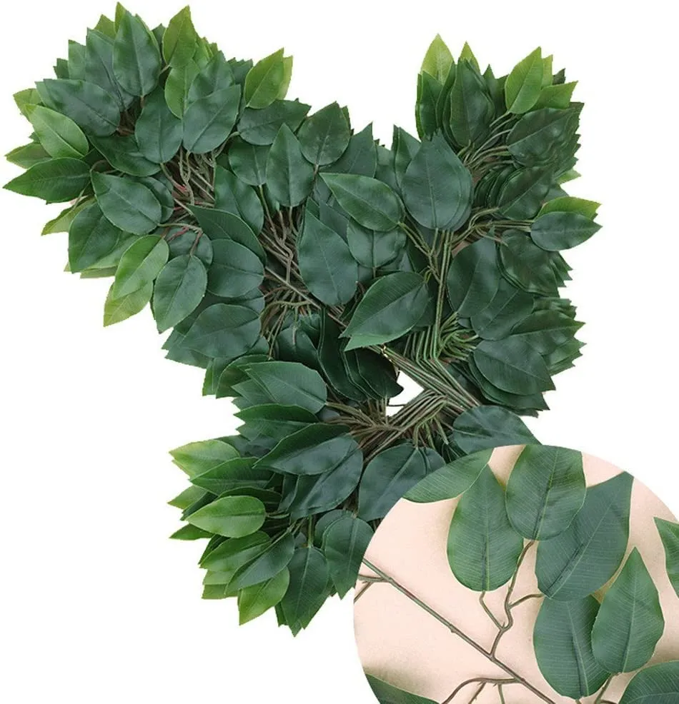 The Decor Affair 12Pcs- Artificial Banyan Leaves Plastic Tree Branches Plant,Maple Leaf and Silk Flowers and Leaves, Plastic Vines Leafs. (Green)