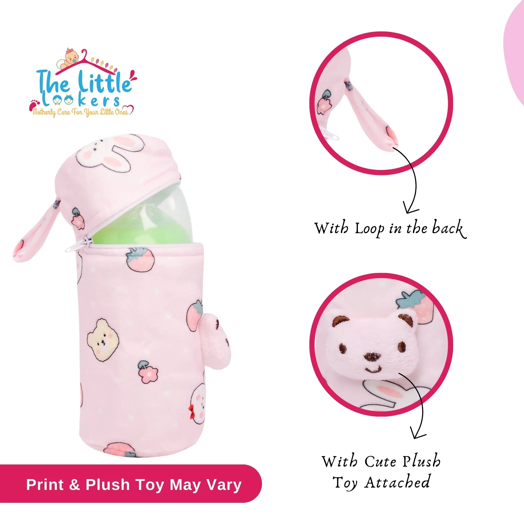 THE LITTLE LOOKERS Soft Plush Stretchable Baby Feeding Bottle Cover with Easy to Hold Strap and Zip l Feeding Bottles Cover