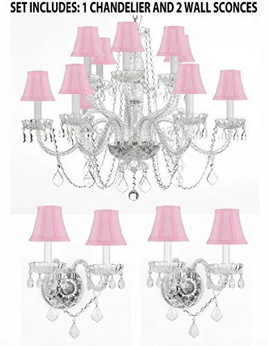 Three Piece Lighting Set - Crystal Chandelier H27" X W32" And 2 Wall Sconces With Pink Shades - 1Ea Pnkshd/385/6 6  2Ea Pnkshd/B12/2/386