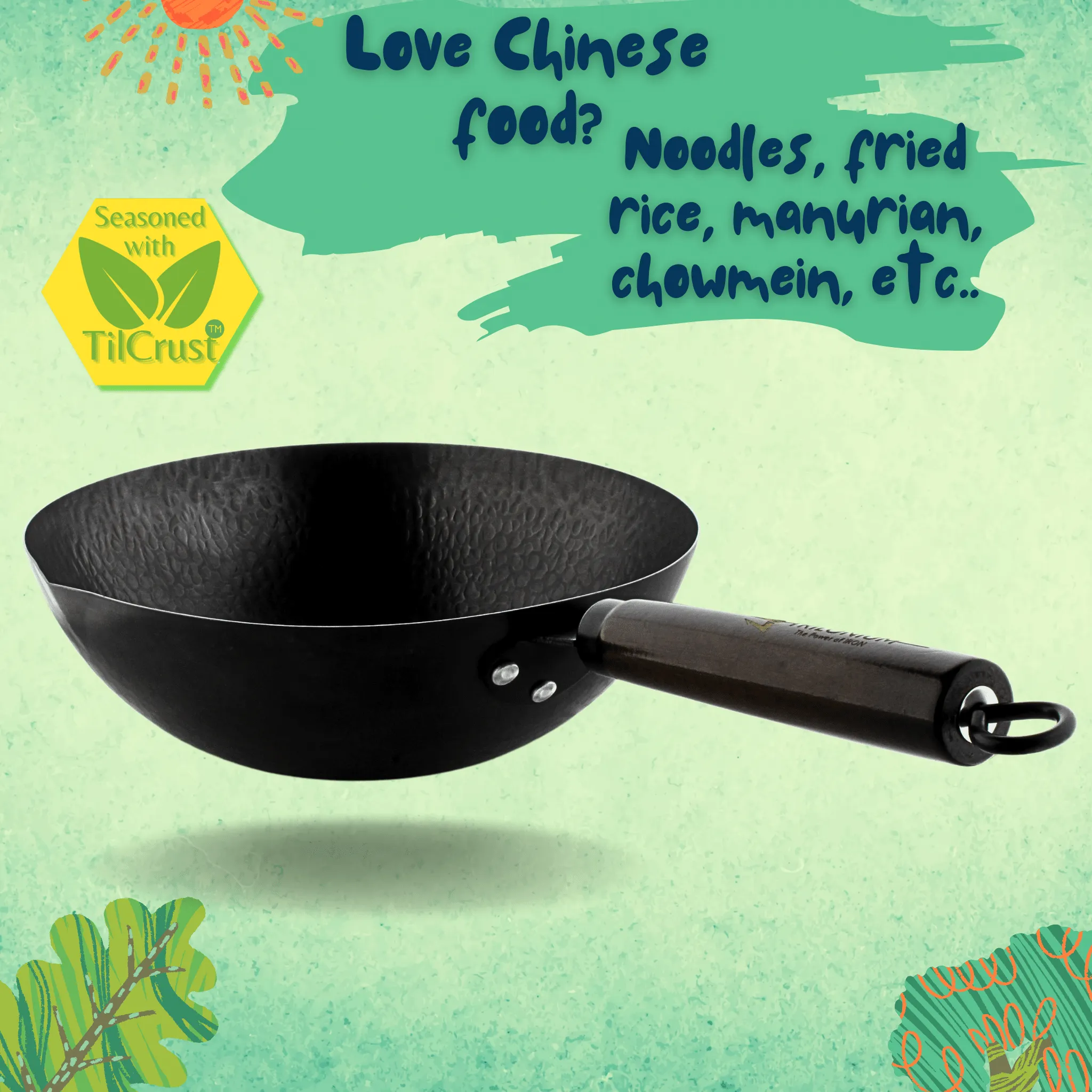 Trilonium Carbon Steel Chinese Wok 26 cms with Toughened Glass Lid