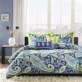 Twin - Twin XL 5-Piece Paisley Comforter Set in Blue and Yellow Colors