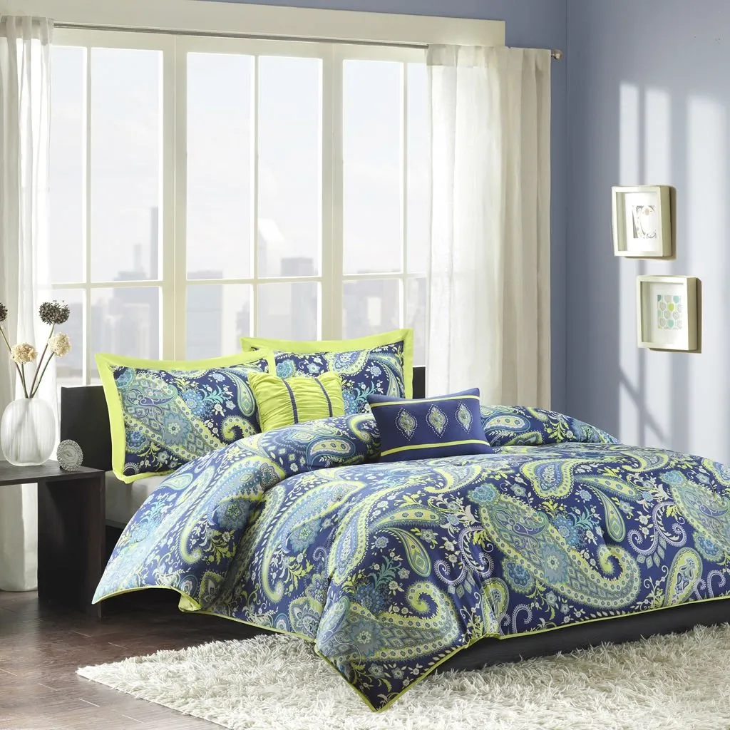 Twin - Twin XL 5-Piece Paisley Comforter Set in Blue and Yellow Colors