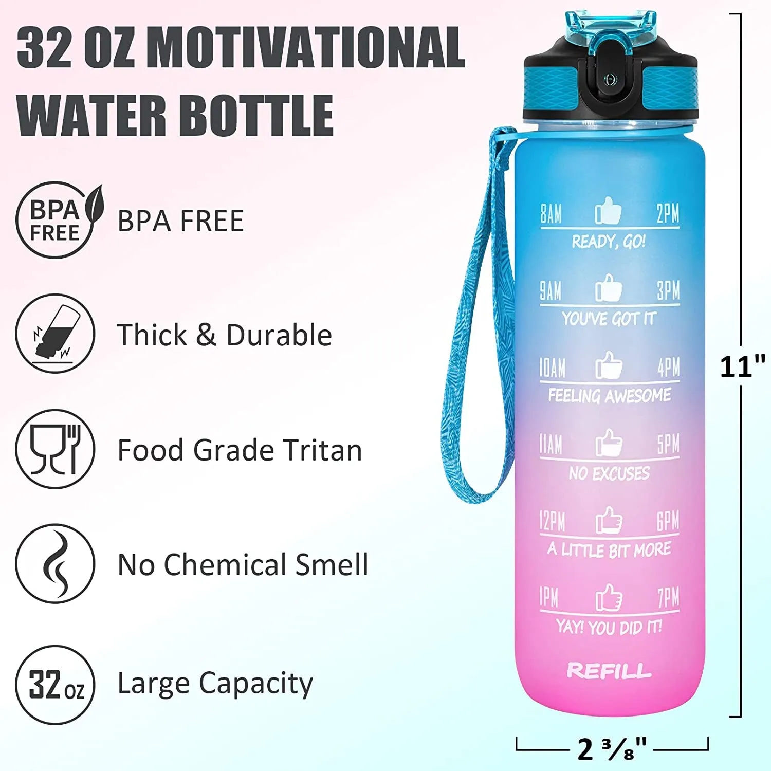 Unbreakable Water Bottle 1L with Motivational Time Marker measurement, Leakproof Durable BPA Free Water bottle