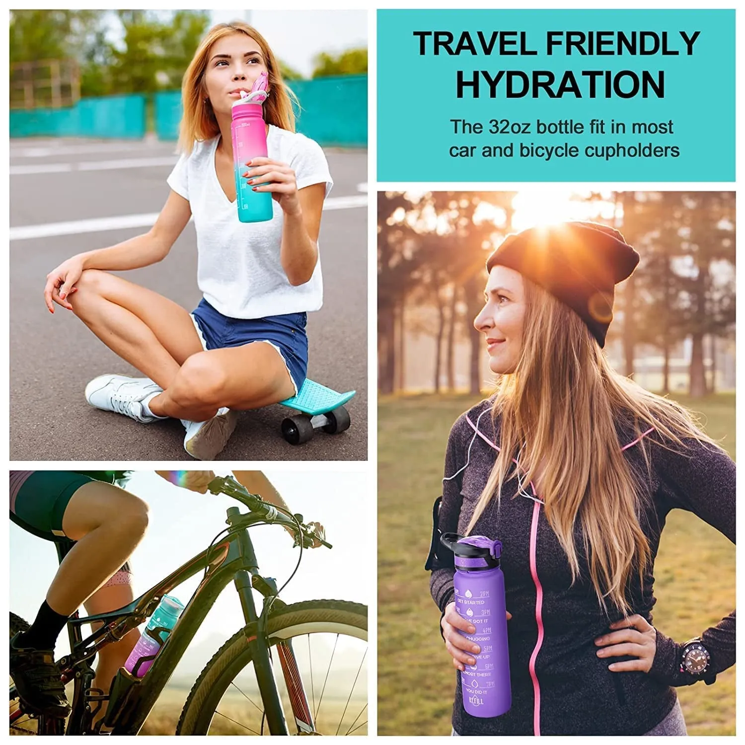 Unbreakable Water Bottle 1L with Motivational Time Marker measurement, Leakproof Durable BPA Free Water bottle