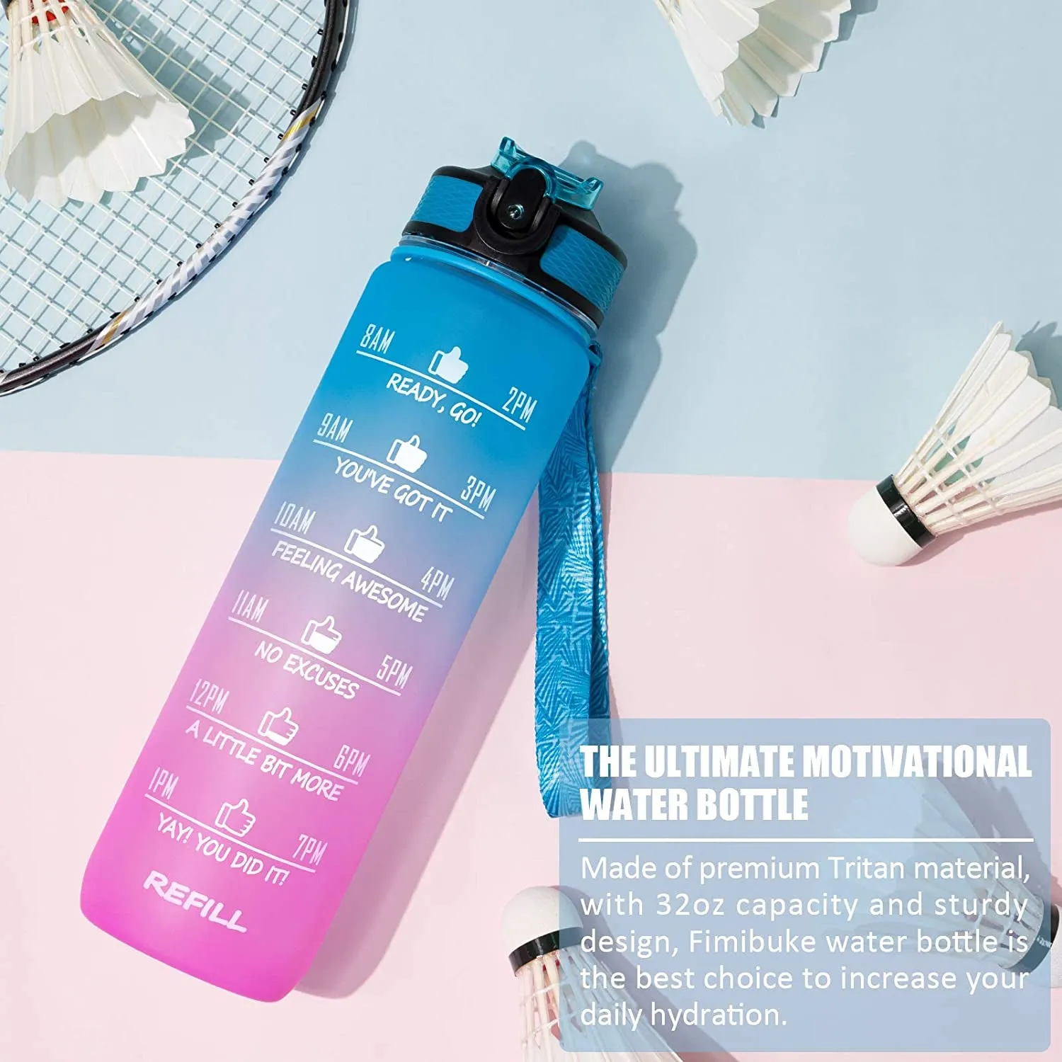 Unbreakable Water Bottle 1L with Motivational Time Marker measurement, Leakproof Durable BPA Free Water bottle