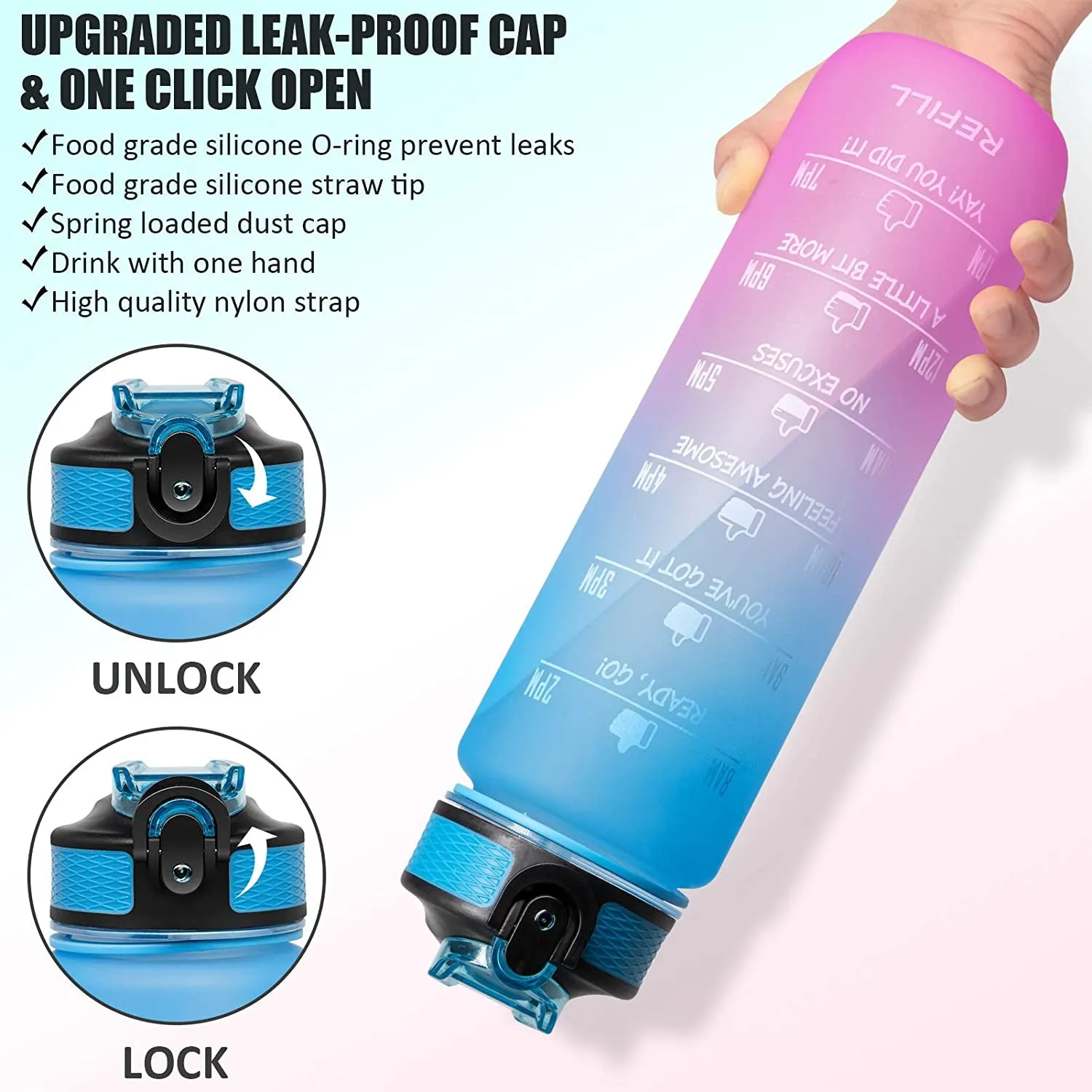 Unbreakable Water Bottle 1L with Motivational Time Marker measurement, Leakproof Durable BPA Free Water bottle