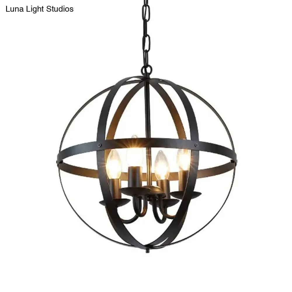 Vintage Black Globe Metal Chandelier - 4 Bulb Pendant Lighting for Dining Room Ceiling