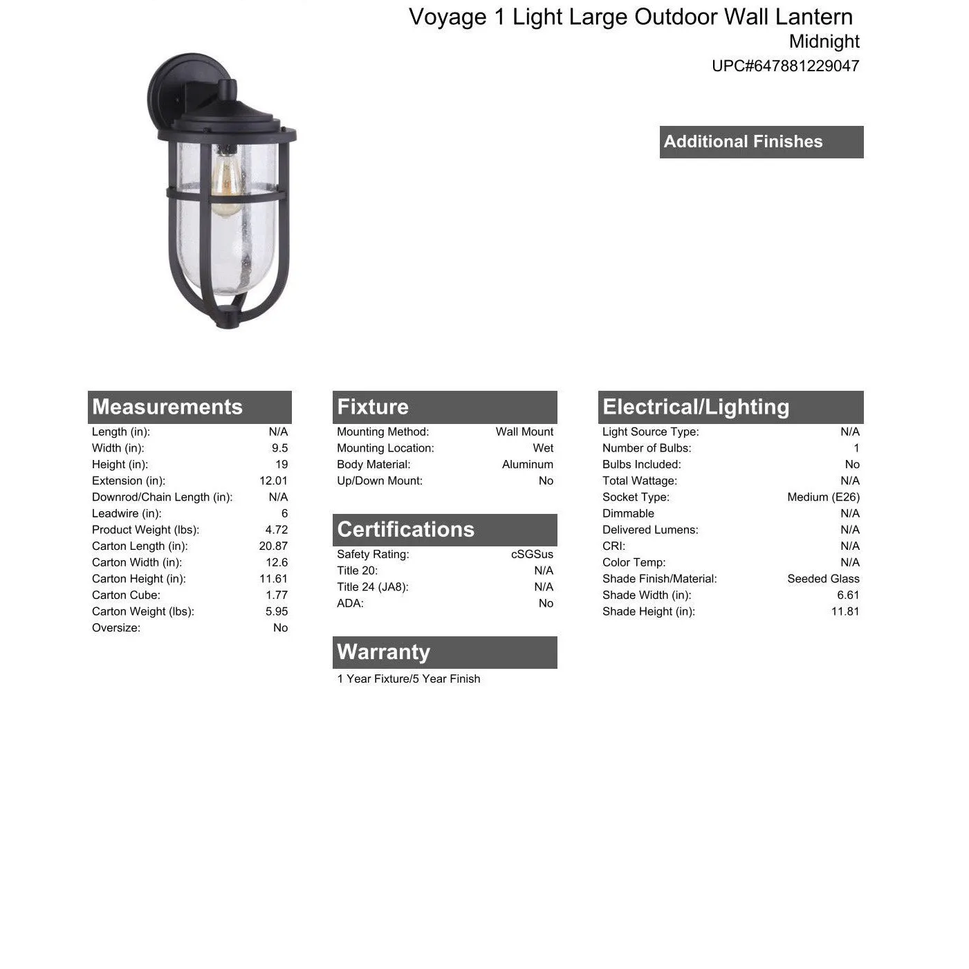 Voyage 1 Light Large Outdoor Wall Lantern in Midnight