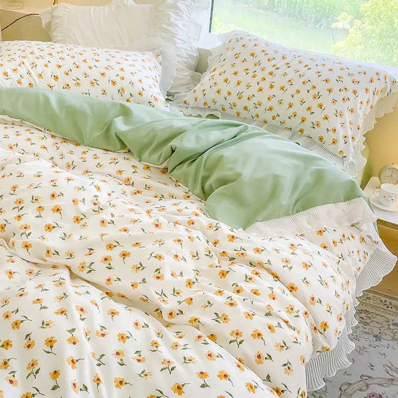 Washed Cotton Small Floral Quilt Cover, Four Piece Bed Sheet Set