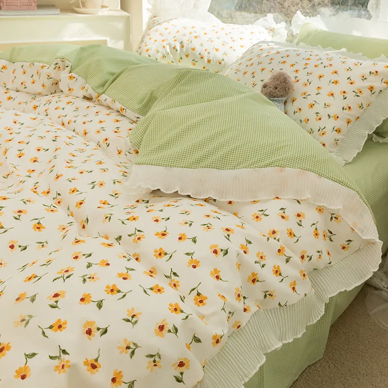 Washed Cotton Small Floral Quilt Cover, Four Piece Bed Sheet Set