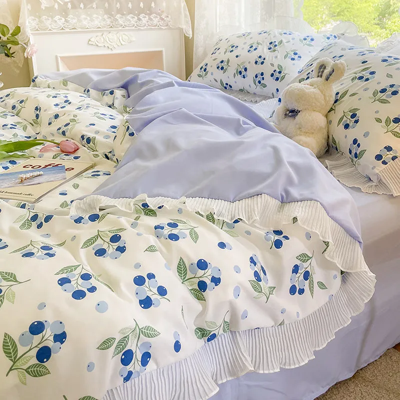 Washed Cotton Small Floral Quilt Cover, Four Piece Bed Sheet Set