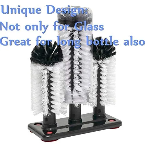 Water Bottle Cleaning Brush Glass Cup Washer with Suction Base 3 Head Bristle Brush for Beer Cup, Long Leg Cup, Red Wine Glass and More Bar Kitchen Sink Home Tools