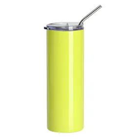 Water Bottles - Slim Stainless Steel - NEON YELLOW - 600ml Tumbler with Straw