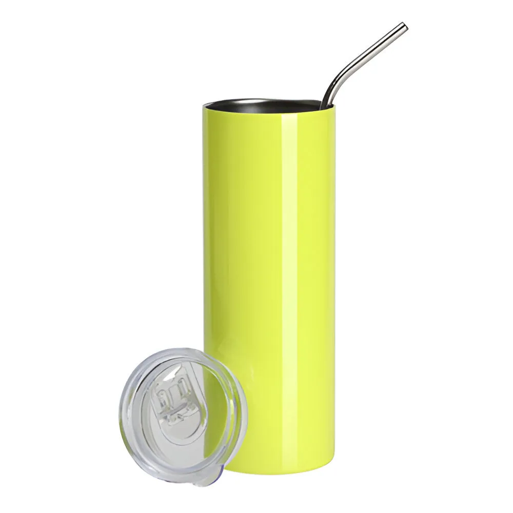 Water Bottles - Slim Stainless Steel - NEON YELLOW - 600ml Tumbler with Straw