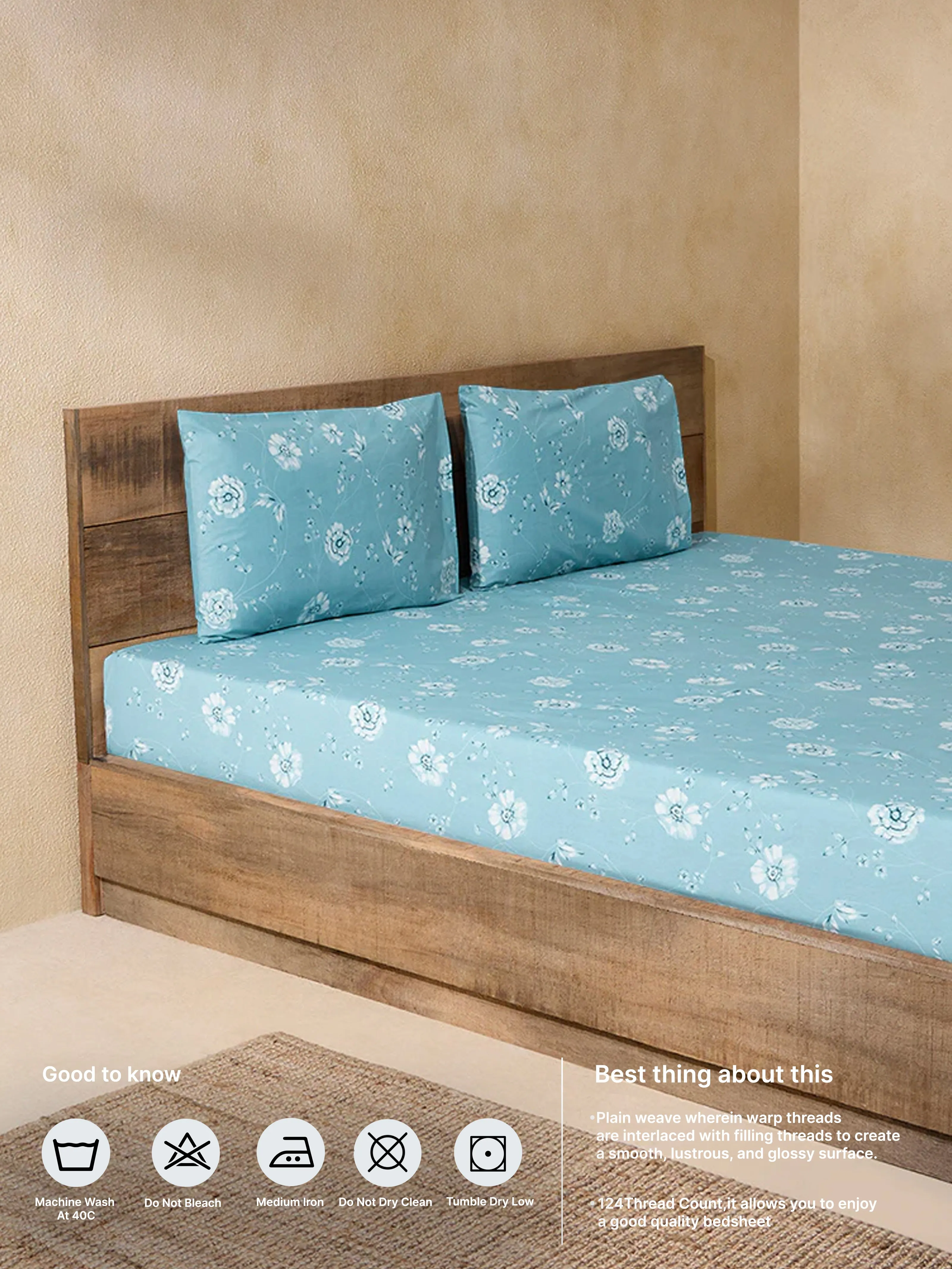 Westside Home Dusty Blue Botanical Print King Bed Flat Sheet and Pillowcover Set