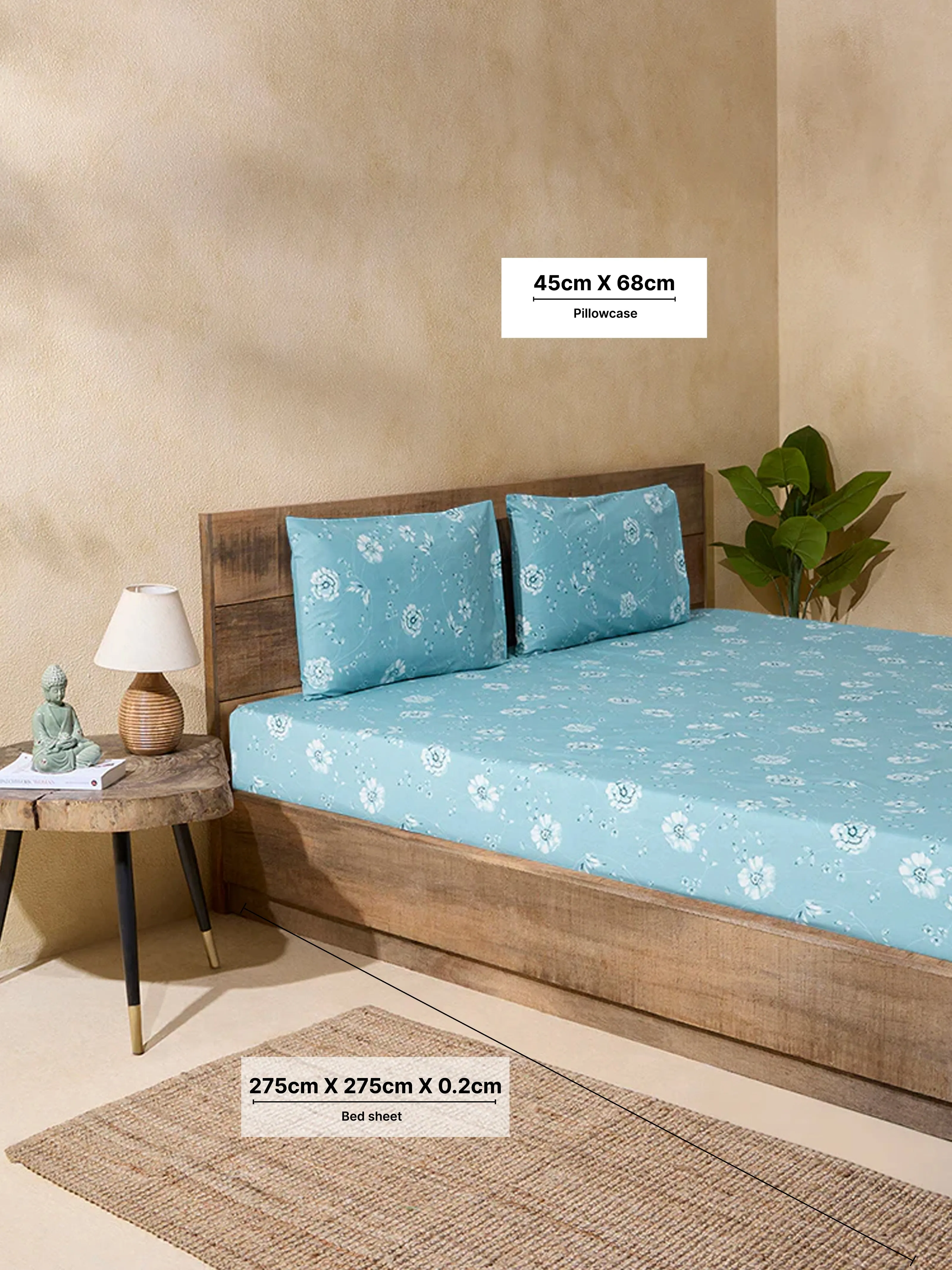 Westside Home Dusty Blue Botanical Print King Bed Flat Sheet and Pillowcover Set