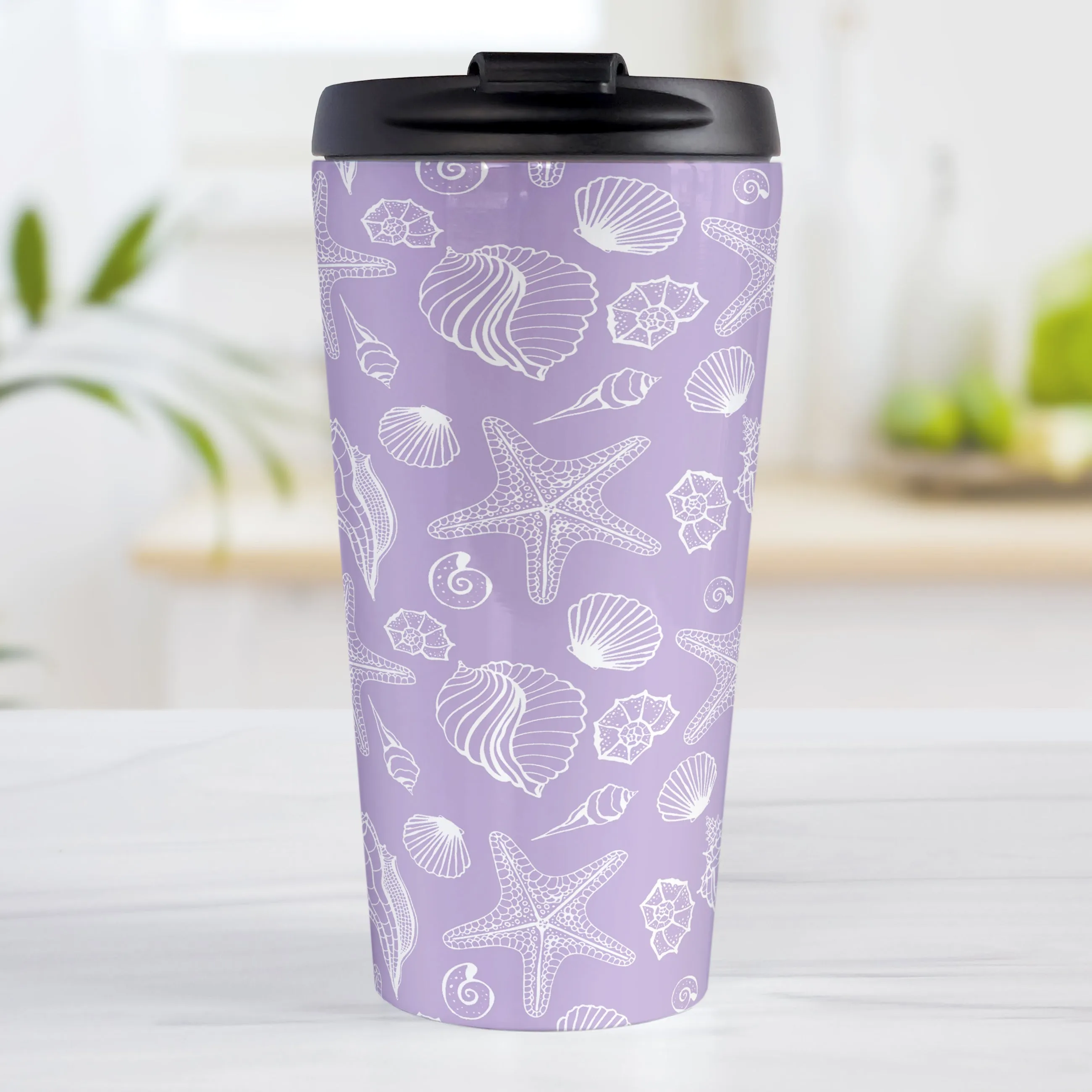 White Seashell Pattern Purple Beach Travel Mug