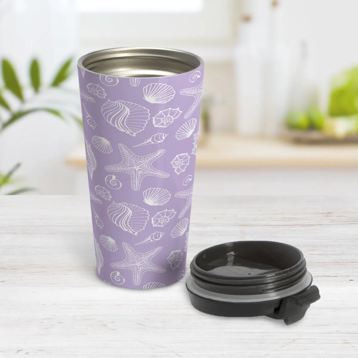 White Seashell Pattern Purple Beach Travel Mug